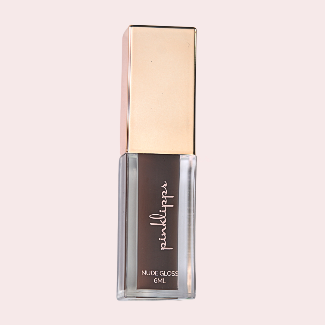Pink Lipps 'Brownie Bae' Nude Glass Gloss tube on white background of a deep brown high-gloss finish