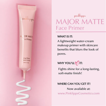 Macro shot of Pink Lipps Major Matte Primer texture – matte veil finish, oil-control formula, vegan and cruelty-free.