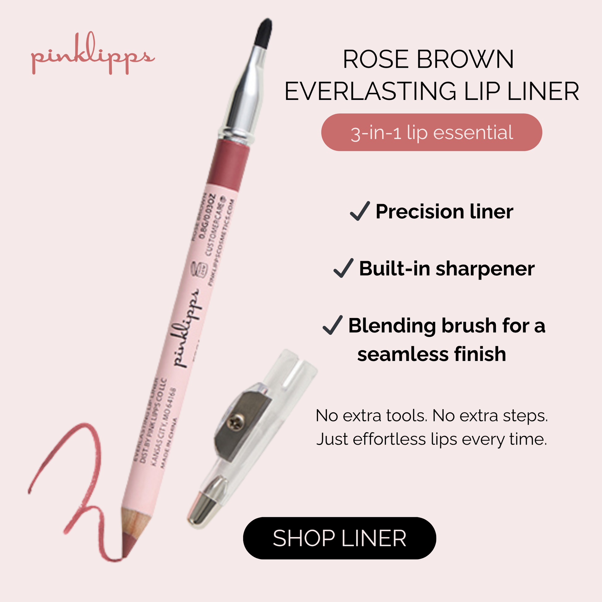 Rose brown lip liner with blending brush and sharpener. 3 in 1 lip essential.