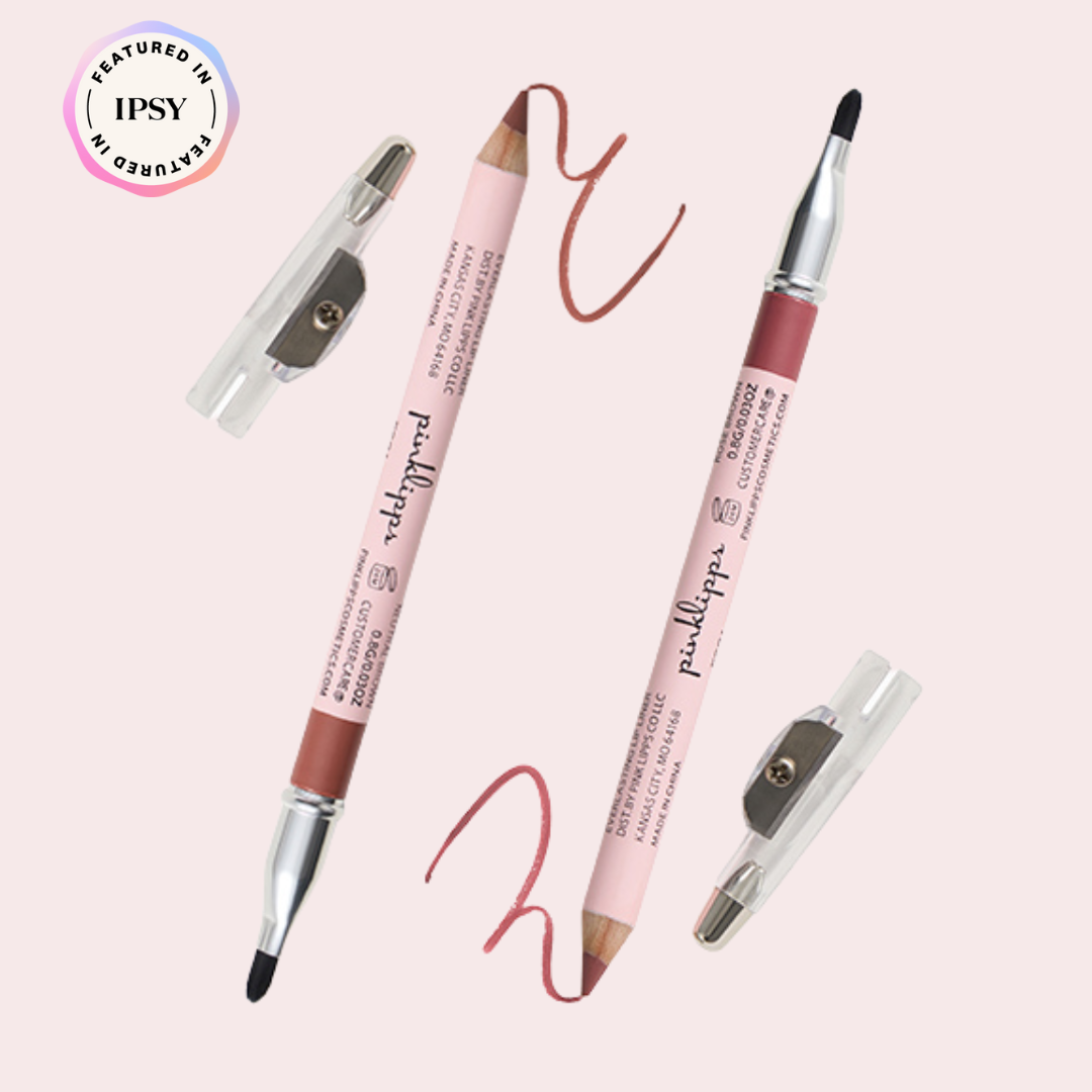 Pink Lipps Rose Brown Everlasting Lip Liner and Neutral Brown Everlasting Lip Liner bundle flat-lay with sharpener on light pink background – editorial studio lighting with Ipsy logo