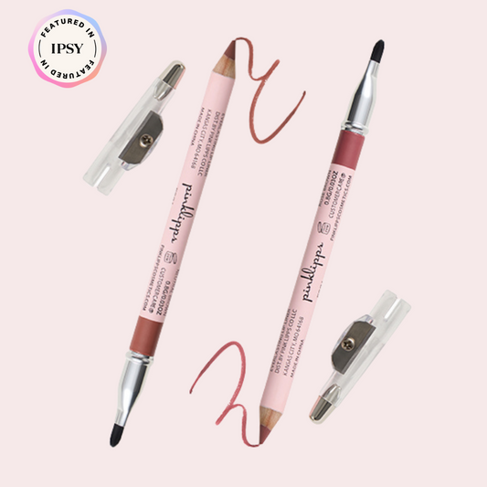 Pink Lipps Rose Brown Everlasting Lip Liner and Neutral Brown Everlasting Lip Liner bundle flat-lay with sharpener on light pink background – editorial studio lighting with Ipsy logo