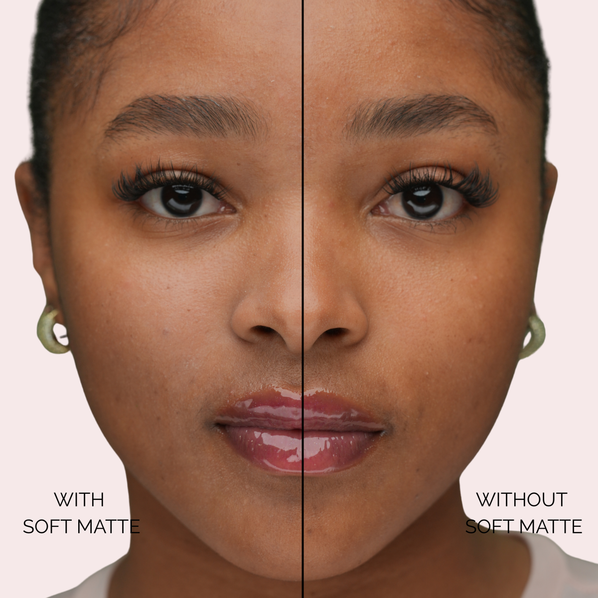 Model wearing Soft Matte Primer comparison on one side of face on medium skin tone, showing transparent matte veil before foundation