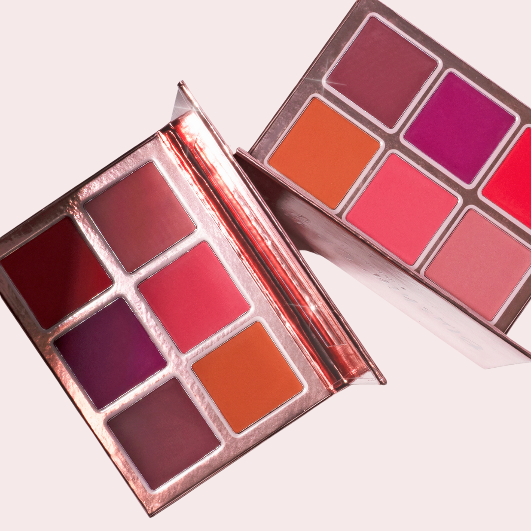 Pink Lipps Blushin’ On You Blush Palette open showing six rich hues: baby pink, rose coral, rich russet, red berry, deep bright purple, deep mauve – clean vegan formula.