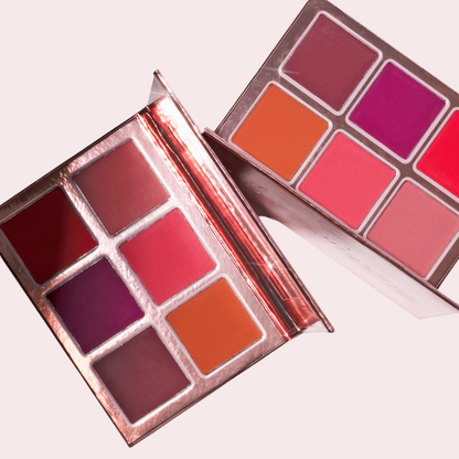 Pink Lipps Blushin’ On You Blush Palette open showing six rich hues: baby pink, rose coral, rich russet, red berry, deep bright purple, deep mauve – clean vegan formula.