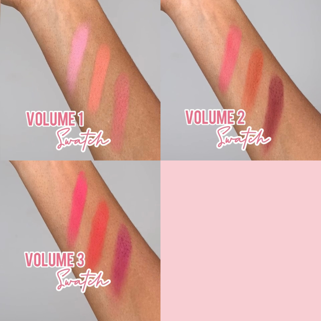 Pink Lipps Blushin’ On You Blush Palette swatches, six rich hues: baby pink, rose coral, rich russet, red berry, deep bright purple, deep mauve on medium skin tone
