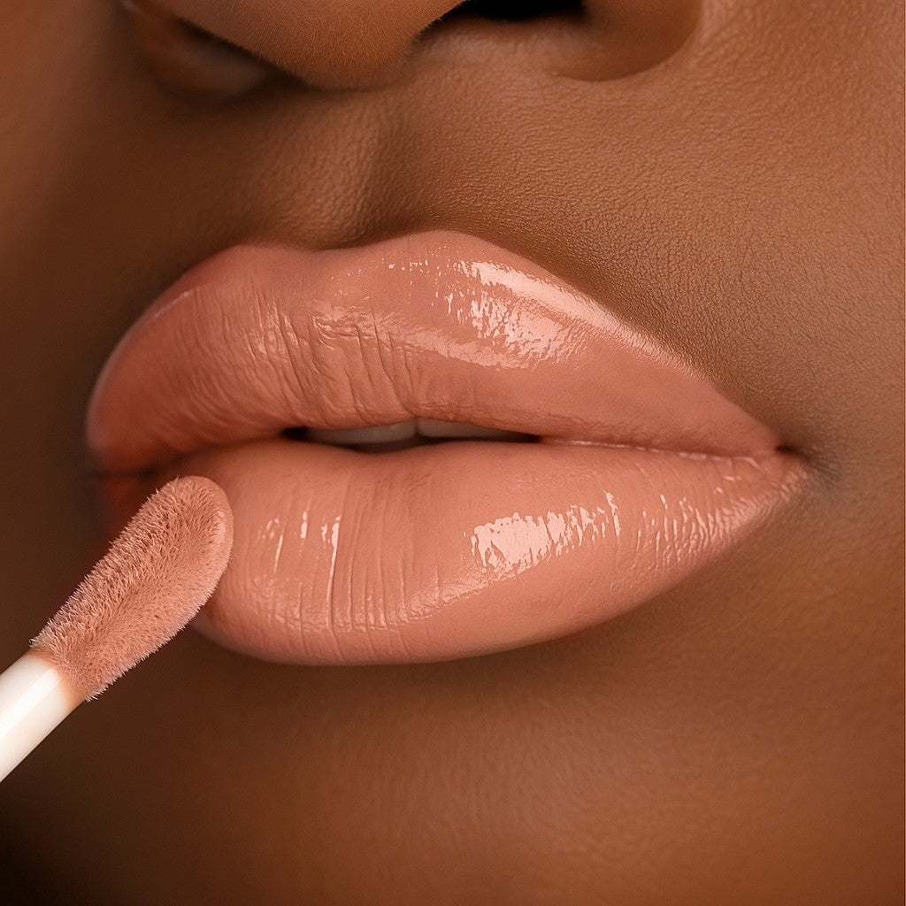 Lip-on model shot: Blush Nude Glass Gloss applied on medium skin tone — pigmented high-shine finish