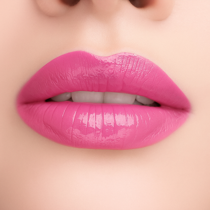 Swatch of Bold Lip Gloss shade ‘Pinky’ on light skin tone – deep wine red with mirror-shine finish