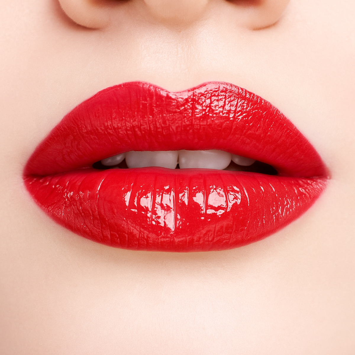 Swatch of Bold Lip Gloss shade ‘Red’ on light skin tone – deep wine red with mirror-shine finish