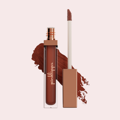 Pink Lipps Everlasting Matte Liquid Lipstick Bomb AF on white background – rich brown pigmented shade