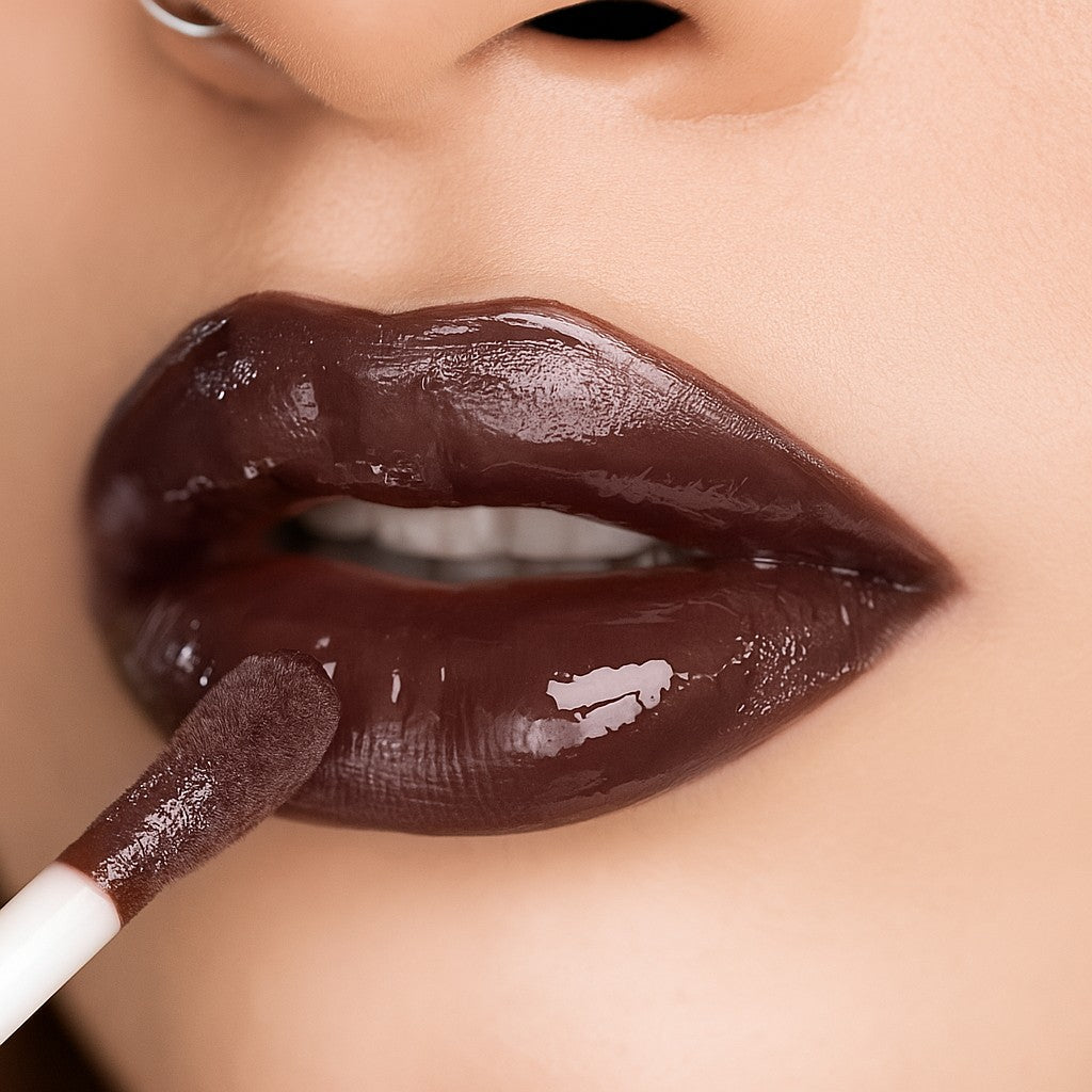 Lip-on model shot: Brownie Bae Nude Glass Gloss applied on fair to deep skin tone — pigmented high-shine finish