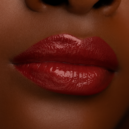 Swatch of Bold Lip Gloss shade ‘Burgundy’ on deep skin tone – deep wine red with mirror-shine finish