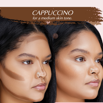 Application shot: model with medium skin tone using Cappucino Soft Matte Contour Stick under cheekbone, along jawline, forehead and bridge of nose.
