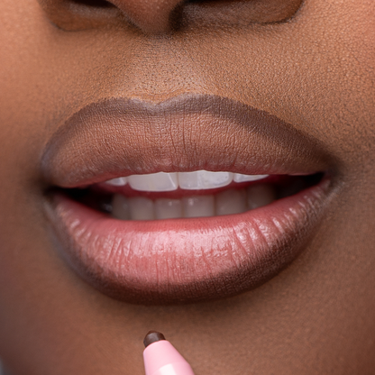 Lip model of Pink Lipps Everlasting 'Cool Brown' Lip Liner showcasing cool tone brown on melanin skin tone and lips