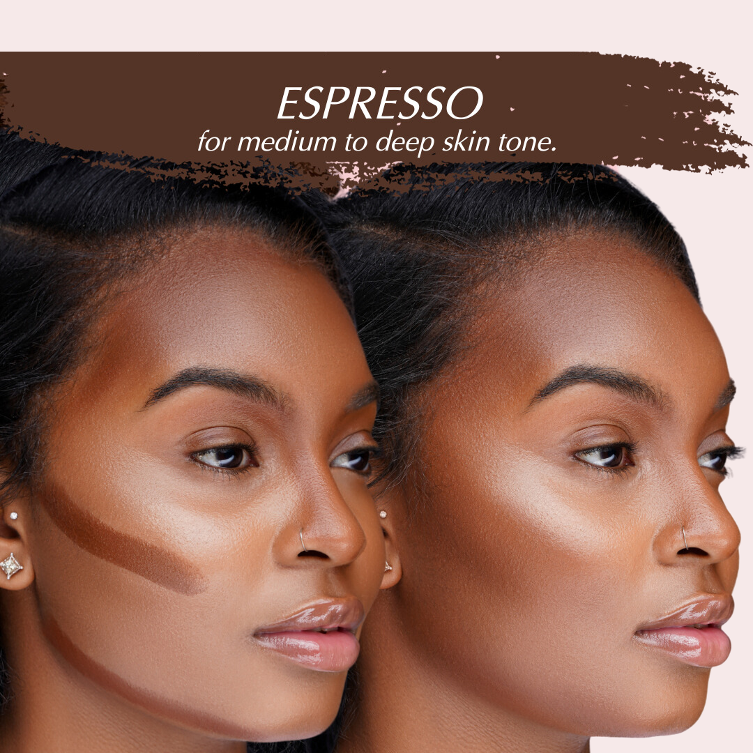 Application shot: model with medium deep skin tone using Latte Soft Matte Contour Stick under cheekbone, along jawline, forehead and bridge of nose.