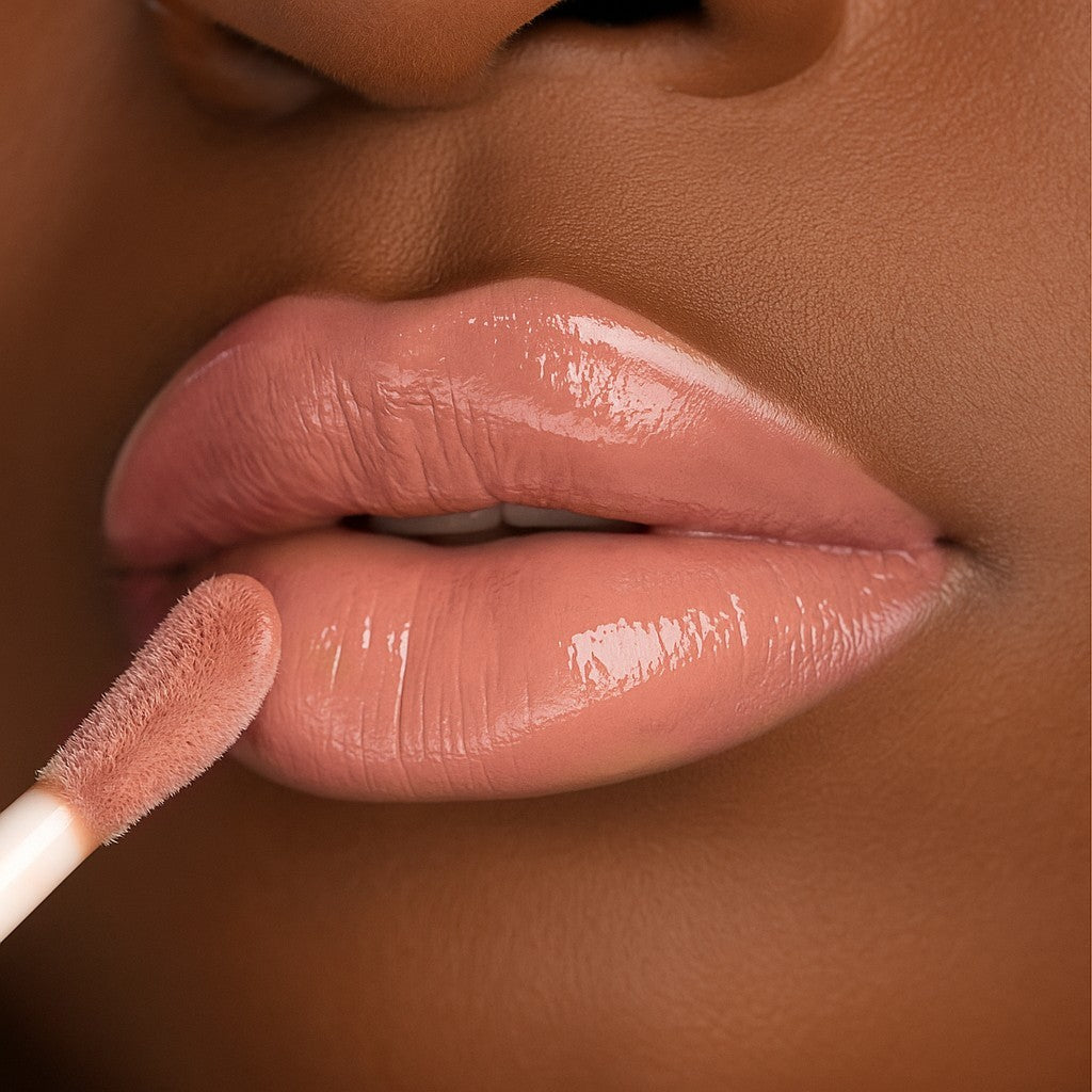 Lip-on model shot: Expose Me Nude Glass Gloss applied on medium skin tone — pigmented high-shine finish