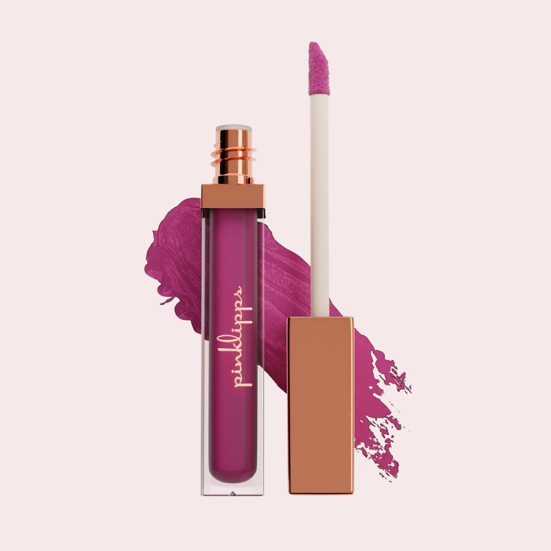 Pink Lipps Everlasting Matte Liquid Lipstick Fearless Queen on white background – showing berry pigmented shade for melanin skin tone