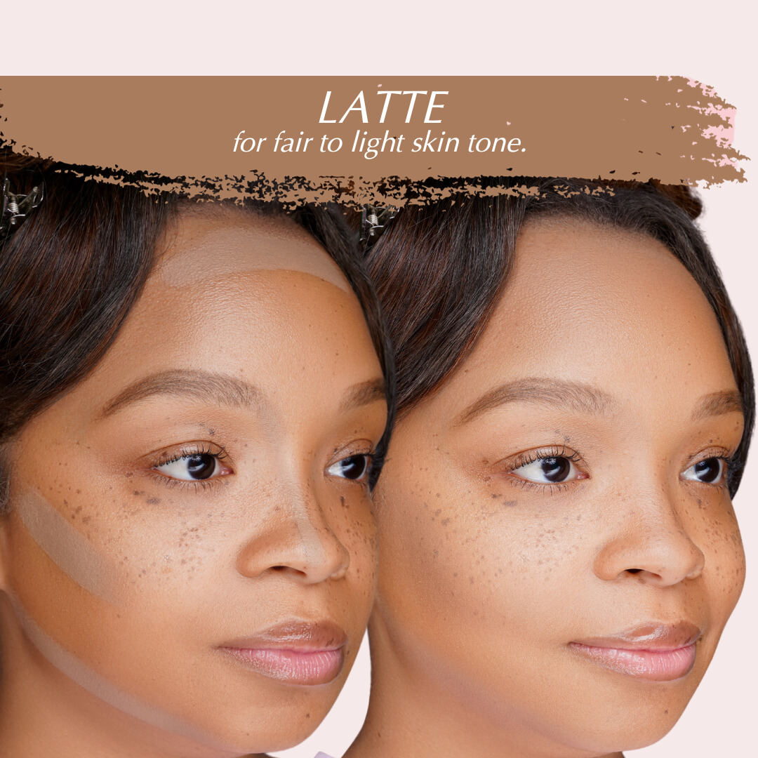 Application shot: model with light skin tone using Latte Soft Matte Contour Stick under cheekbone, along jawline, forehead and bridge of nose.
