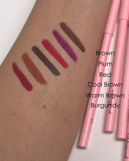 Pink Lipps Everlasting Lip Liner swatches, rich shades including Burgundy, Brown, Plum, Red, Warm Brown on light skin tone