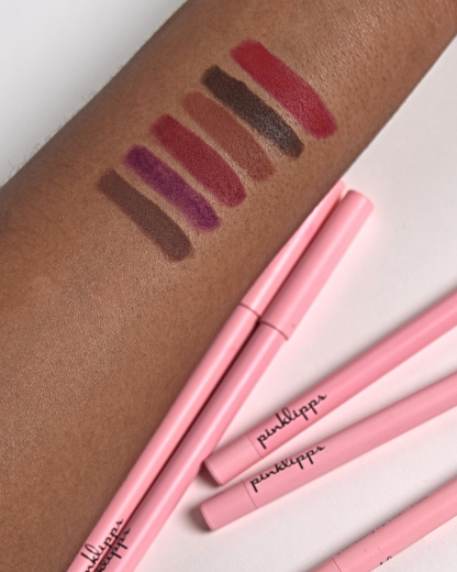 Pink Lipps Everlasting Lip Liner swatches, rich shades including Burgundy, Brown, Plum, Red, Warm Brown on medium skin tone