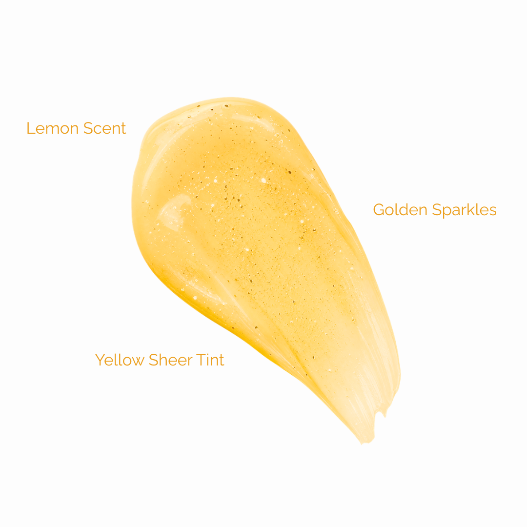 Lemon Lip Glaze Sparkly Lip Balm with golden sparkles and yellow sheer tint, a hydrating lip balm for glossy lips.
