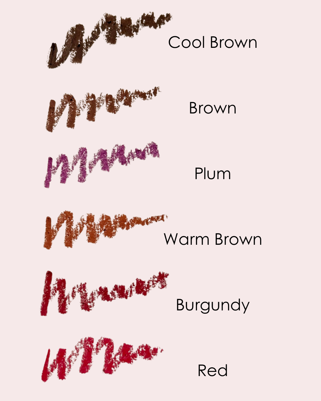 Pink Lipps Everlasting Lip Liner swatches, rich shades including Burgundy, Brown, Plum, Red, Warm Brown.