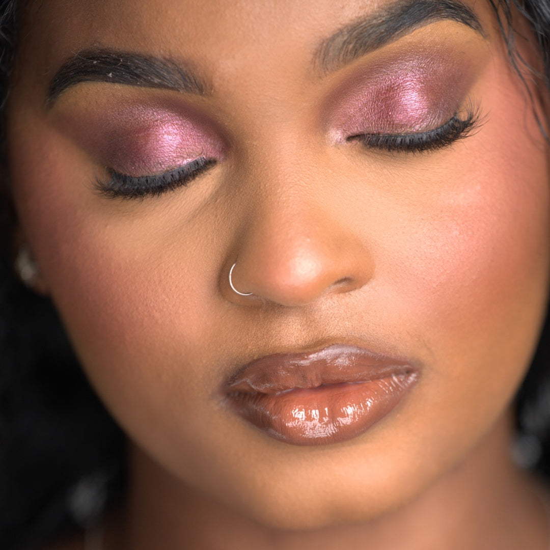 Swatch of Pink Lipps Mauve Me Fall Eyeshadow Palette shades on medium/deep skin tone – rich mauves and rosy mattes with blend-able soft-glam finish