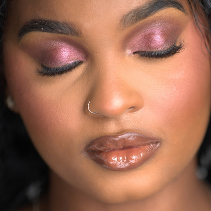 Swatch of Pink Lipps Mauve Me Fall Eyeshadow Palette shades on medium/deep skin tone – rich mauves and rosy mattes with blend-able soft-glam finish