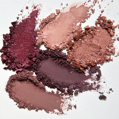Close-up swatches of Pink Lipps Mauve Me Fall Eyeshadow Palette open showing five pigmented pans in rosy-mauve hues