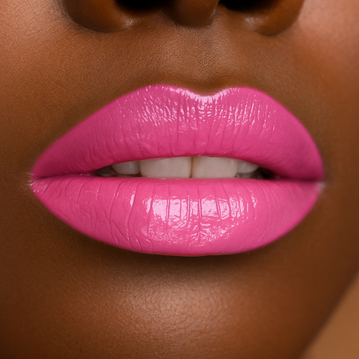 Swatch of Bold Lip Gloss shade ‘Pinky’ on deep skin tone – deep wine red with mirror-shine finish