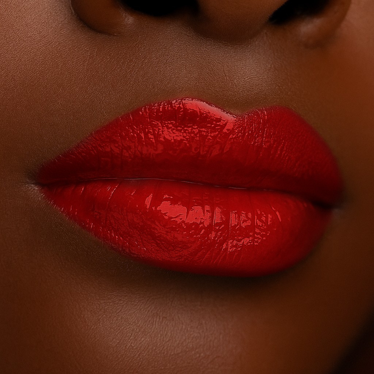 Swatch of Bold Lip Gloss shade ‘Red’ on deep skin tone – deep wine red with mirror-shine finish