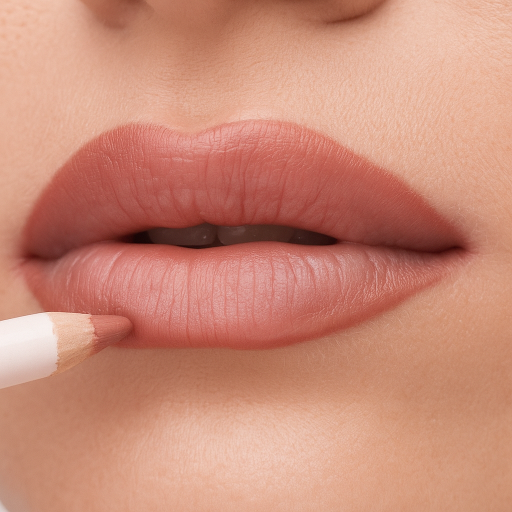 Swatch of Pink Lipps Rose Brown Everlasting Lip Liner on fair to light skin tone by pink Lipps Cosmetics