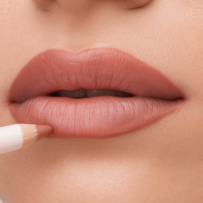 Swatch of Pink Lipps Rose Brown Everlasting Lip Liner on fair to light skin tone by pink Lipps Cosmetics