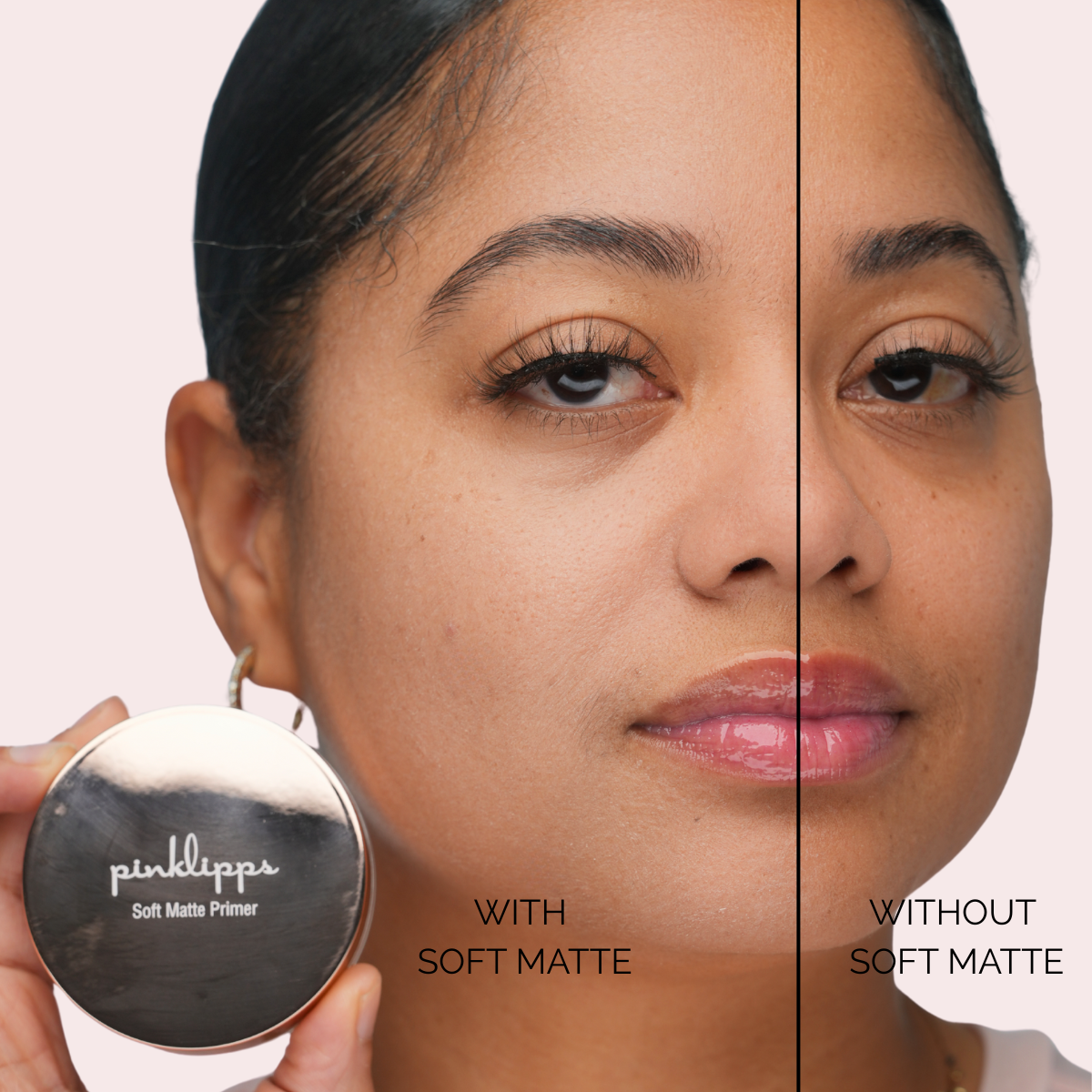 Model wearing Soft Matte Primer comparison on one side of face on light skin tone, showing transparent matte veil before foundation
