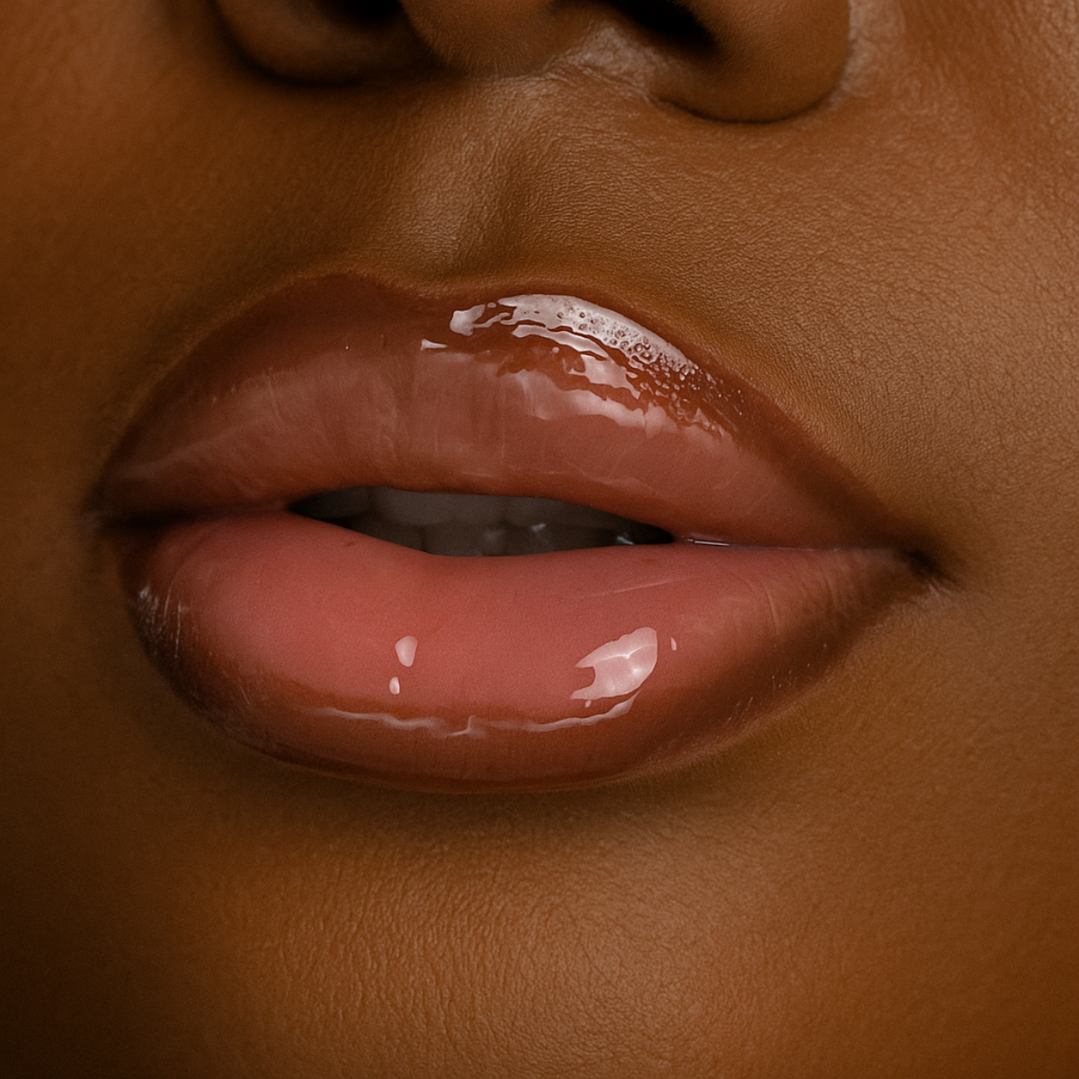 Lip-on model shot: Strip Nude Glass Gloss applied on deep skin tone — pigmented high-shine finish