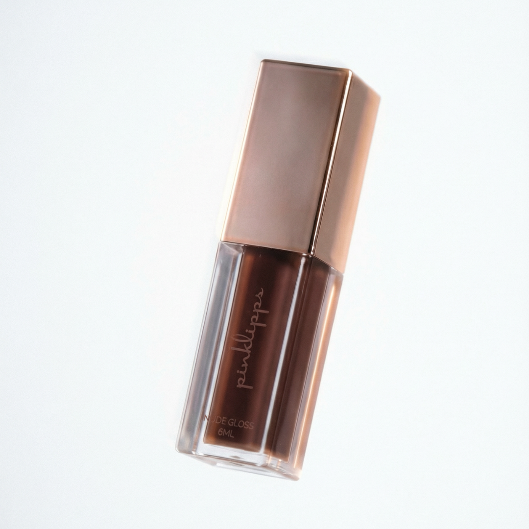 Pink Lipps 'SunKissed' Glow Lip Oil tube on white background, chocolate scent vegan high-shine brown lip oil for every shade of melanin.