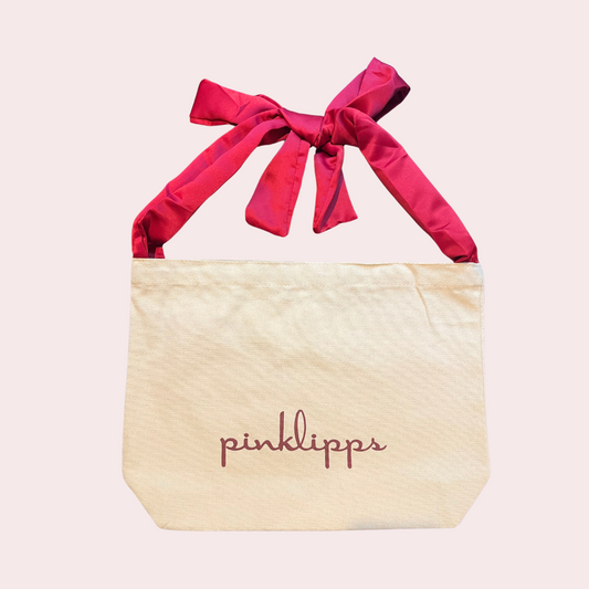 Pink Lipps Tote Bag tan-neutral canvas with burgundy silk straps – front view on white background