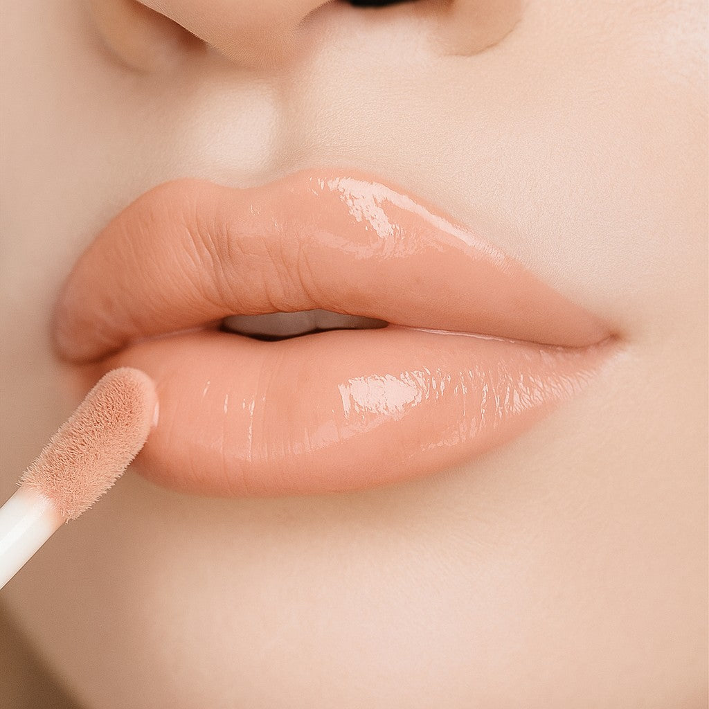 Lip-on model shot: Unfair Nude Glass Gloss applied on fair skin tone — pigmented high-shine finish